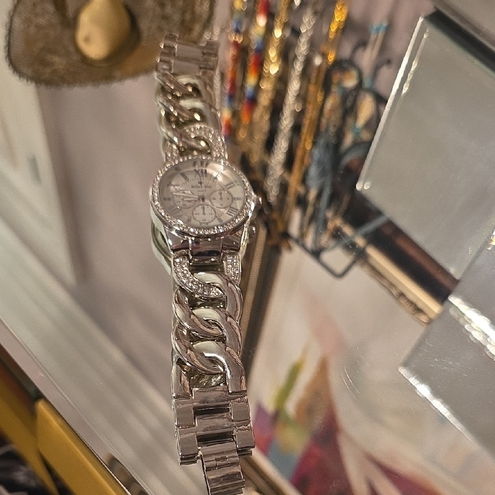 Silver Chain Link Watch with Crystal Accents